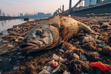 Dead fish on dirty shore, water pollution problem