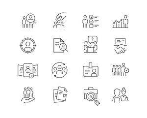 Recruitment Icon collection containing 16 editable stroke icons. Perfect for logos, stats and infographics. Edit the thickness of the line in Adobe Illustrator (or any vector capable app).