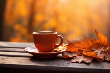 cup of coffee on wooden table against autumn background
