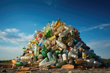 Garbage pile bottles and garbage in nature, recycling concept, environmental protection