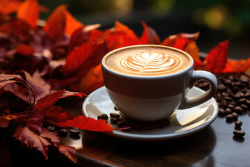 cup of cappuccino with autumn leaves on the table