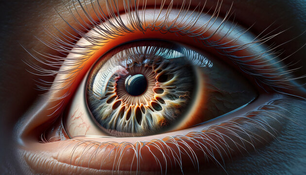 A photorealistic and highly stylized close-up of a human eye, with an emphasis on hyper-realistic details. Created by using generative AI tools