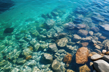 Fototapeta premium Ocean or sea shore with stones in blue water