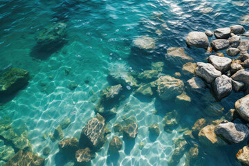Naklejka na ściany i meble Ocean or sea shore with stones in blue water