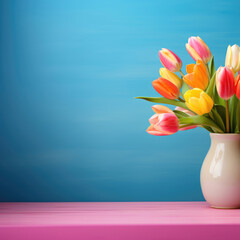 Blooming tulips in a field, selective focus. Copy space for text