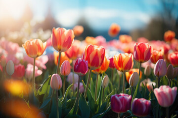 Blooming tulips in a field, selective focus - obrazy, fototapety, plakaty