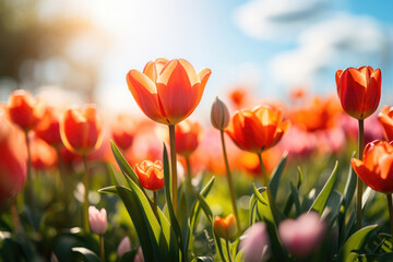 Fototapeta premium Blooming tulips in a field, selective focus