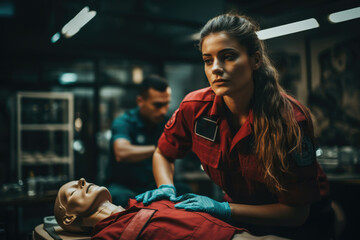 young female doctor practices artificial respiration and cardiac massage on a mannequin - Powered by Adobe