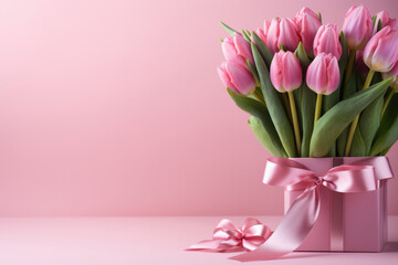 Bouquet of pink tulips in a gift box on a pink background. Copy space for text