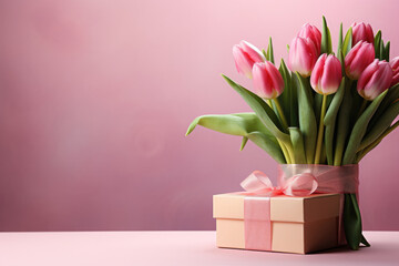 Bouquet of pink tulips and gift box. Copy space for text