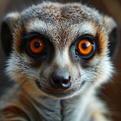 Close-up of a meerkat with striking orange eyes