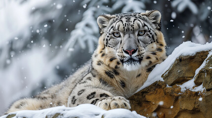 Snow leopard perched on a rocky outcrop amid falling snow