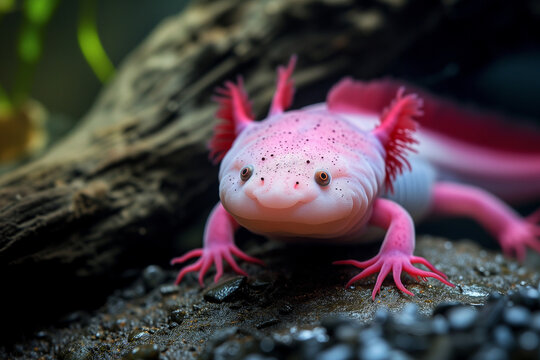 Vibrant pink axolotl resting on moist rocks