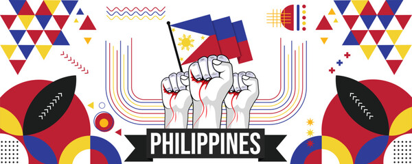 Philippines national or independence day banner for country celebration. Flag of Filipino with raised fists. Modern retro design with typorgaphy abstract geometric icons. Vector illustration.