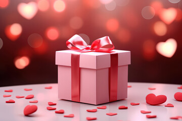 Pink Gift Box with Red Ribbon on Table.Perfect for Valentine's Day Celebrations