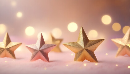 Gold stars glitter light with blurred bokeh. Christmas background. banner