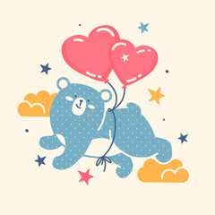 Adorable bear flying with pink heart-shaped balloons. Whimsy and romance Valentine's Day concept. Cute and bright print captures the essence of love and togetherness in a funny manner.