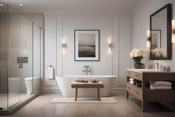 Fototapeta na wymiar Modern classic minimalist bathroom in a residential setting, emphasizing clean lines, high-end fixtures, and a serene ambiance