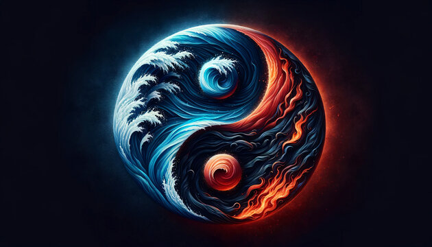 A yin and yang symbol creatively interpreted with elements of water and fire, set against a dark background. Created by using generative AI tools