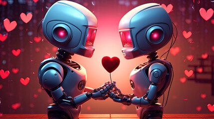 Two Robots in Love. Heartwarming Friendship on Valentine's Day Background