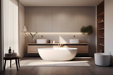 Fototapeta na wymiar Modern classic minimalist bathroom in a residential setting, emphasizing clean lines, high-end fixtures, and a serene ambiance