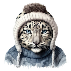 Snow Leopard Wearing Winter Clothes For Christmas Event. Watercolor Style. AI Generated