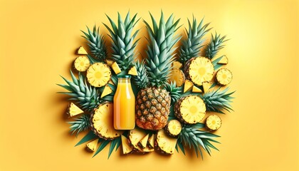Pineapple paradise, juicy slices above a bottle of tropical nectar - obrazy, fototapety, plakaty