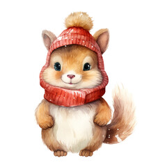 Squirrel Wearing Winter Clothes For Christmas Event. Watercolor Style. AI Generated
