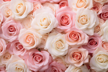 Top view of many pink and cream white roses. Valentine's day background