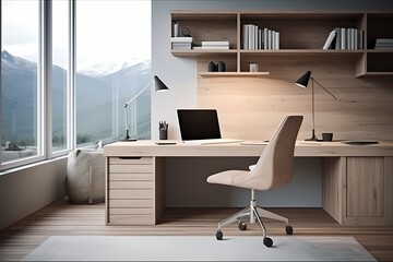 Fototapeta na wymiar Modern classic minimalist workspace with a stylish desk, ergonomic chair, and a clean, uncluttered environment for optimal productivity