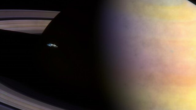 Futuristic Spaceship flying near a Planet. 