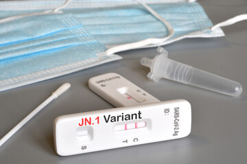 SARS‑CoV‑2 antigen test kit for self testing with positive result and text JN.1 Variant. Close-up. Concept for the new Covid 19 JN.1 Variant