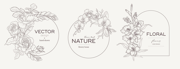 Set of vintage elegant floral logo for beauty, natural and organic products, cosmetics, spa and wellness, fashion. Vector illustrations Boho hand drawn line for graphic and web design, marketing mater