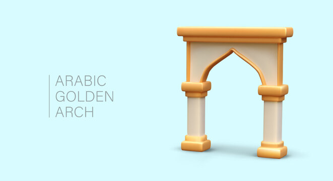Arabian Golden Arch. Decorative part of mosque. Muslim architecture. Frame for passage, windows. Realistic vector illustration. Figured gate to prayer house