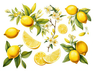 A Vibrant Still Life Painting of Lemons with Delicate Leaves and Bright Flowers