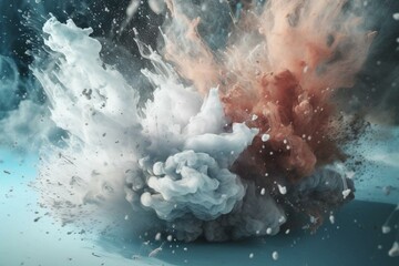Closeup of abstract white powder explosion on a backdrop, possibly paint holi. Generative AI