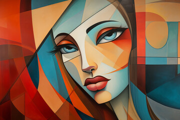 Abstract multicolored woman face in an abstract cubist or cubism style painting - obrazy, fototapety, plakaty