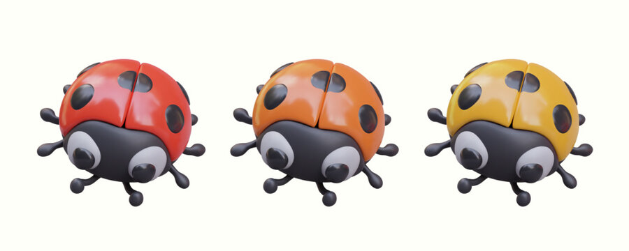 Collection with red, orange, and yellow ladybirds. Top view on ladybug cartoon character on white background. Beneficial insects concept. Vector illustration in 3d style