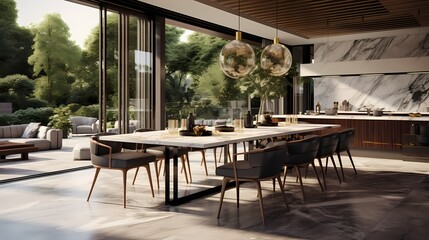 Modern dining space with an open-concept design, a marble-top table, and panoramic windows overlooking a lush garden