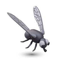 Side view on realistic insect flying on white background. Cute bug in black and gray colors. Fly flies, searching for food. Vector illustration in 3d style