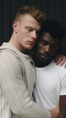 Obraz premium two diverse people having a hug, hug, two men having a hug, team, emotion