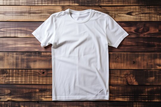 White Tee Shirt On Wooden Surface, Hyper-realistic & Sharp-focused. Minimalistic, Modern, Clean & Trendy Fashion Apparel. Versatile, Blank Template For Commercial Use, Web Design, E-commerce & More