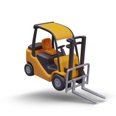 Side view on cargo loader in yellow and black colors. Transportation and delivery concept. Warehouse car toy for kids. Vector illustration in 3D style with shadow