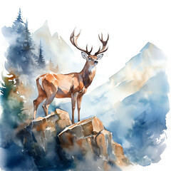 Watercolor image of a deer standing on a cliff. - obrazy, fototapety, plakaty
