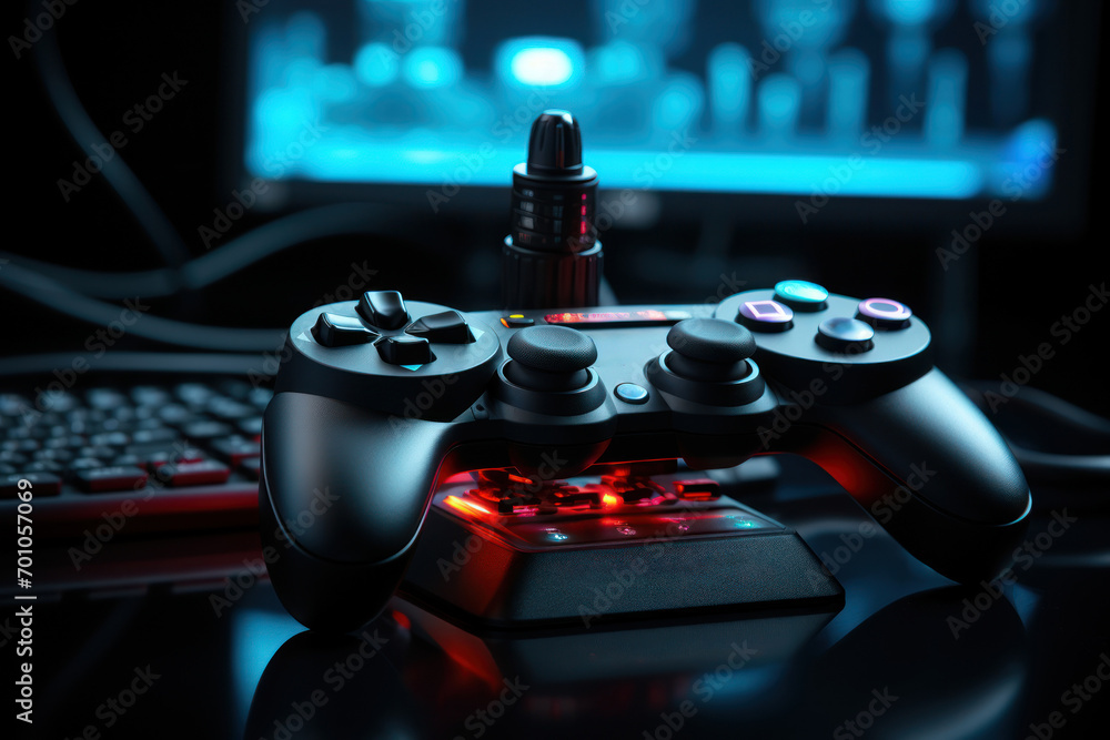 Poster a conceptual image of a joystick and keyboard, symbolizing the tools of the gaming trade and the ver