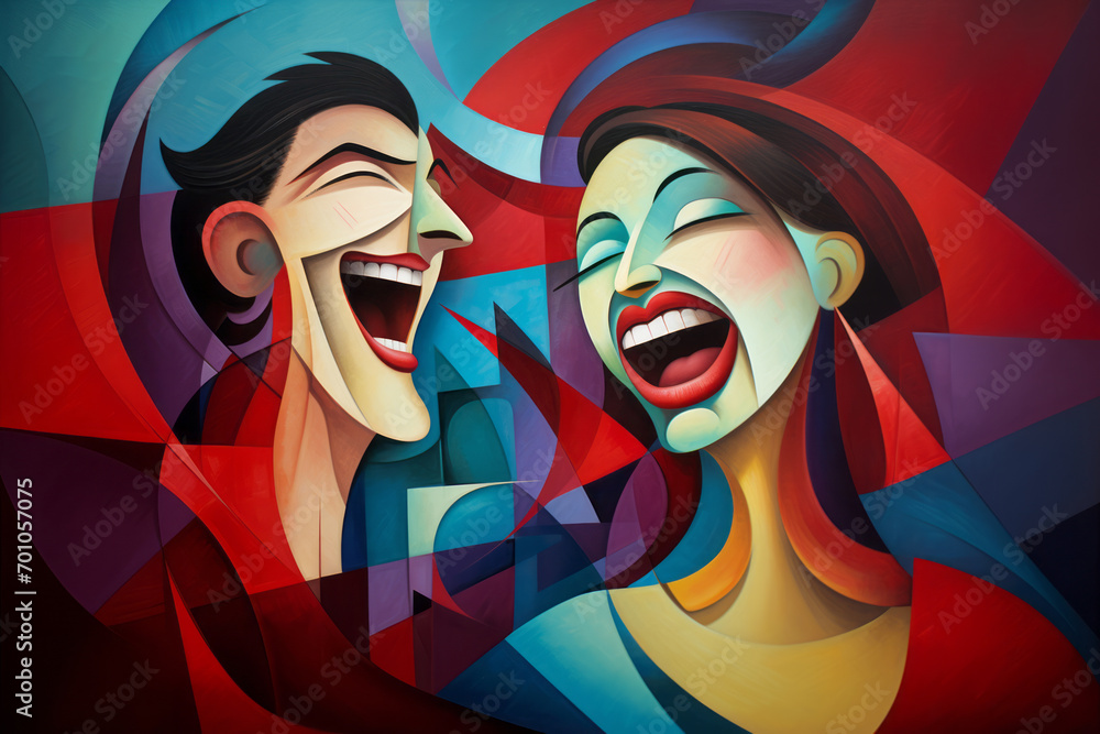 Poster abstract multicolored smiling faces in an abstract cubist or cubism style painting