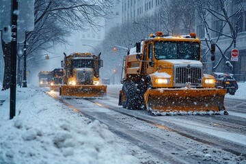 Snow plows clear the road from snow in New York during a blizzard, USA - obrazy, fototapety, plakaty