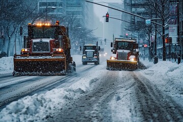 Snowplow cleaning the streets of the city during a blizzard - obrazy, fototapety, plakaty
