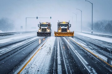 Two snowplow trucks on the road during snowfall. Heavy snowfall.