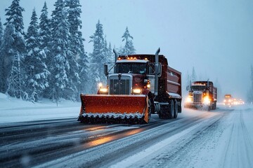 A truck with a snowplow moves on a snowy road near snow-covered Christmas trees. Dangerous slippery track in winter in the evening